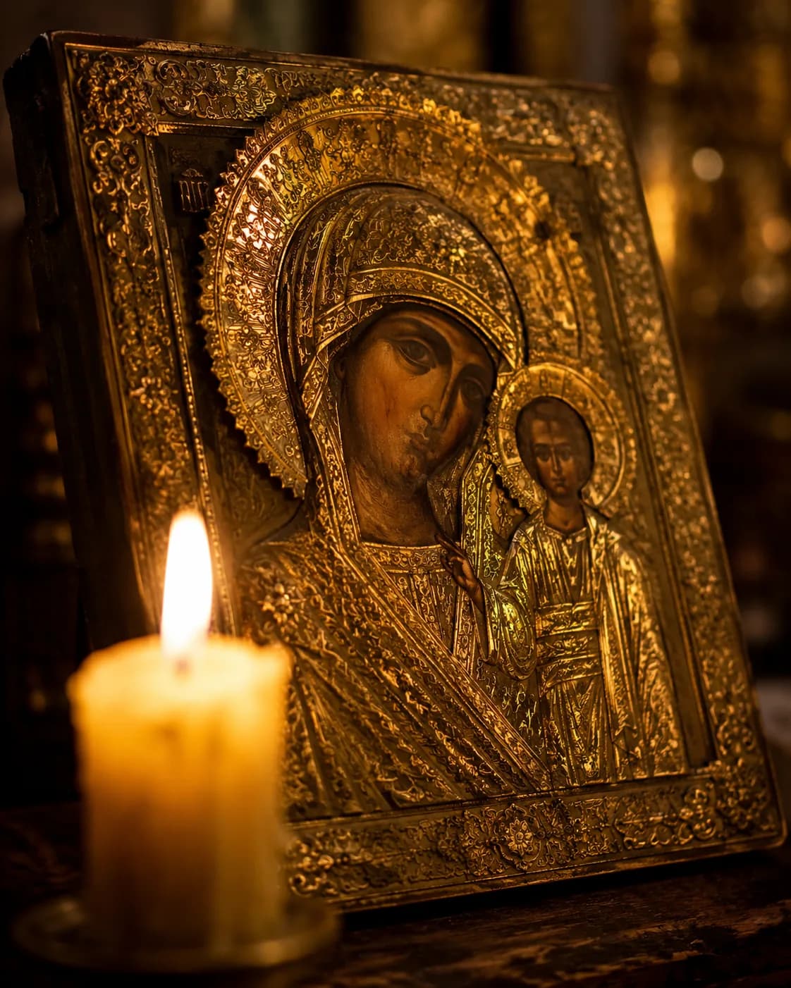 Russian icons in a warm, candle-lit sacred setting