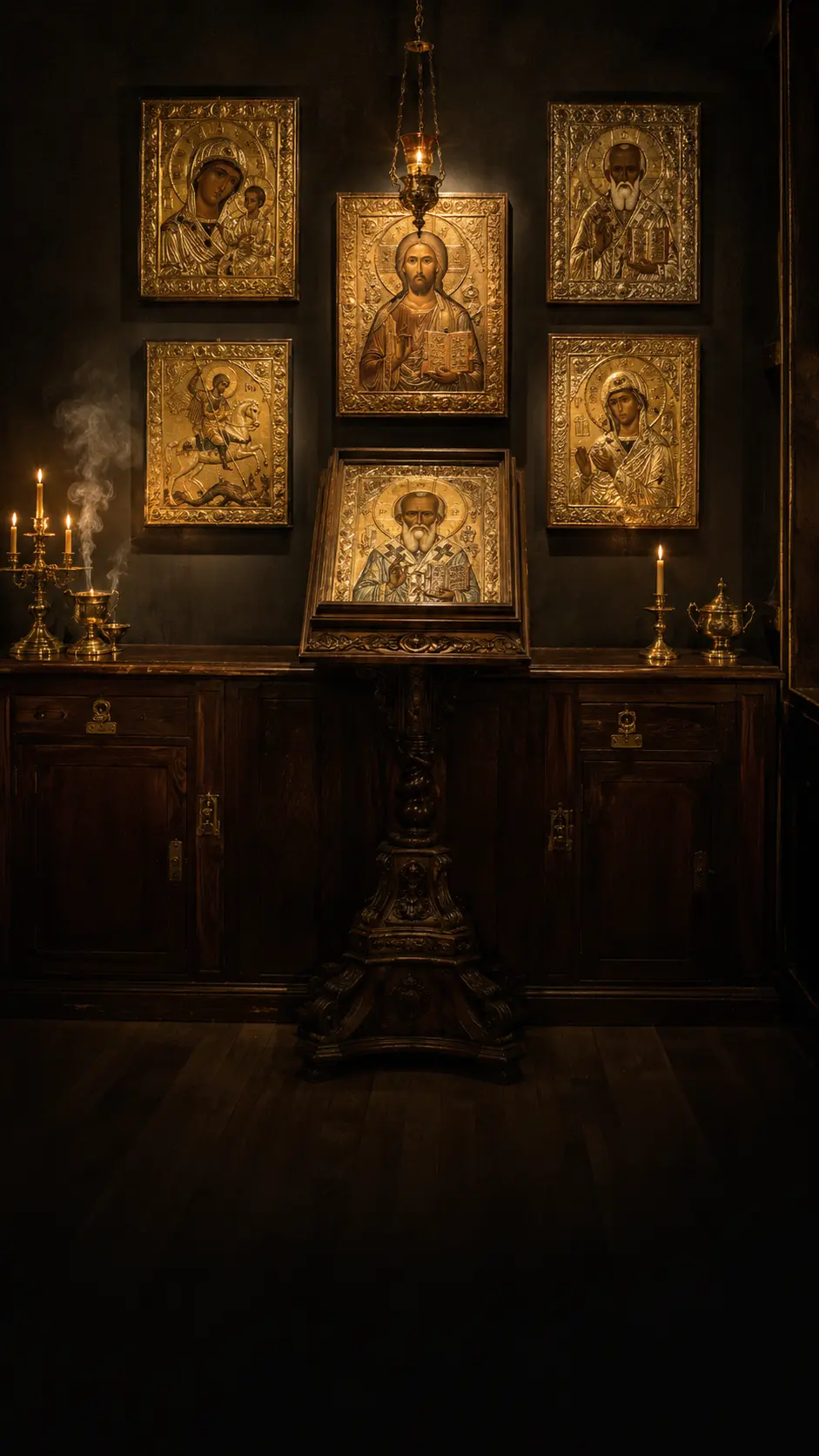 A private gallery room of antique Russian Orthodox icons under warm museum lighting