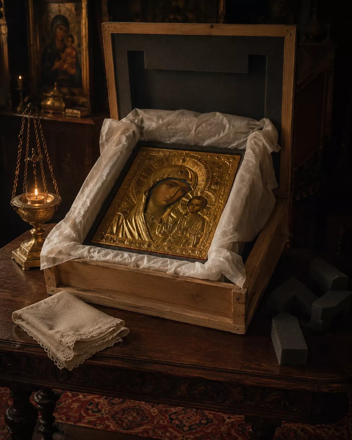 An antique Russian icon carefully prepared for shipping